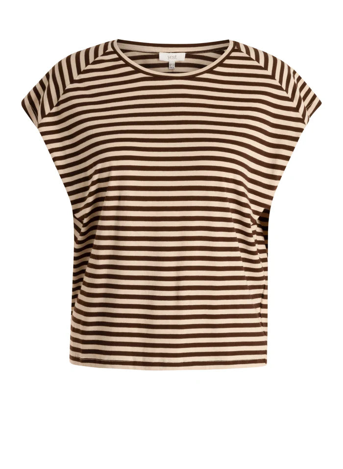 T-shirt brun rayé en coton à manches capuchon