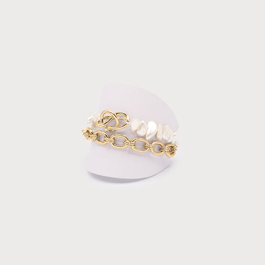 Bracelet deux rangs perles et anneaux enchevêtrés