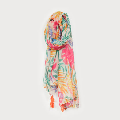 Foulard léger imprimé bouquet floral avec pompoms