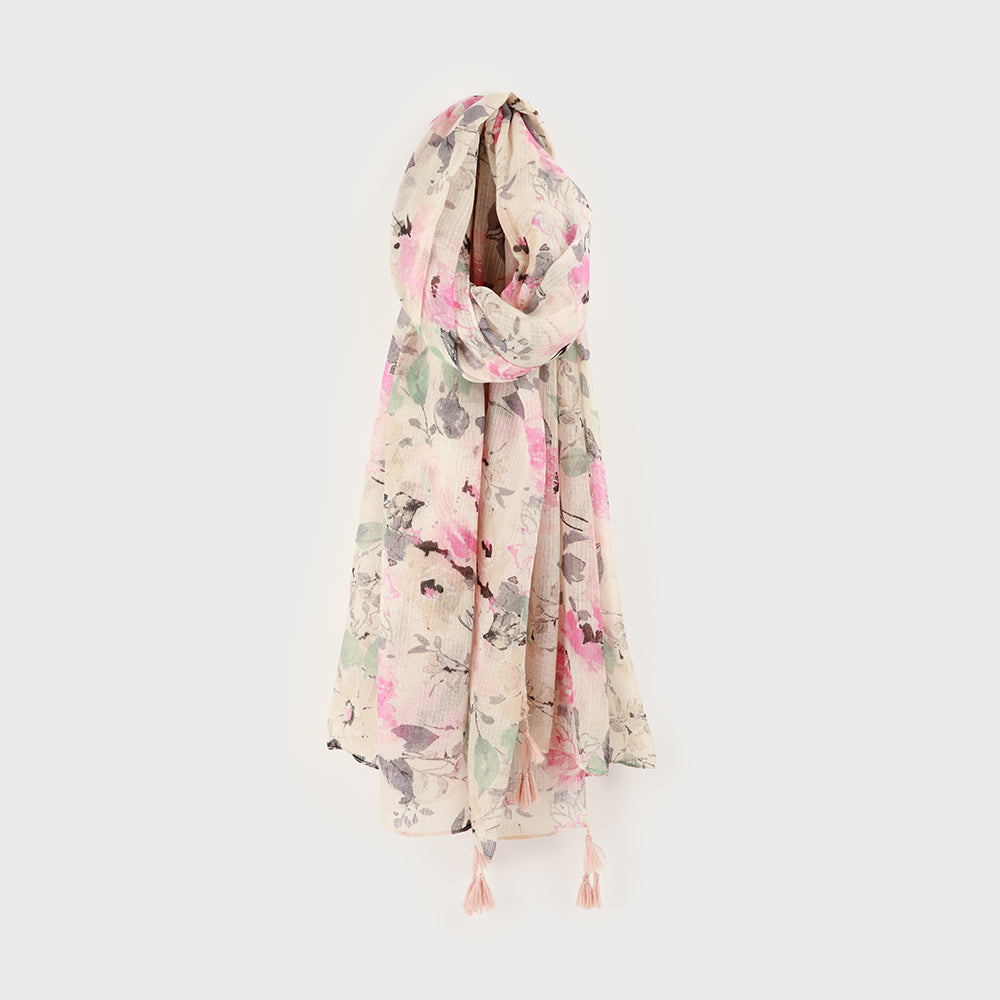 Foulard léger imprimé bouquet floral avec pompoms