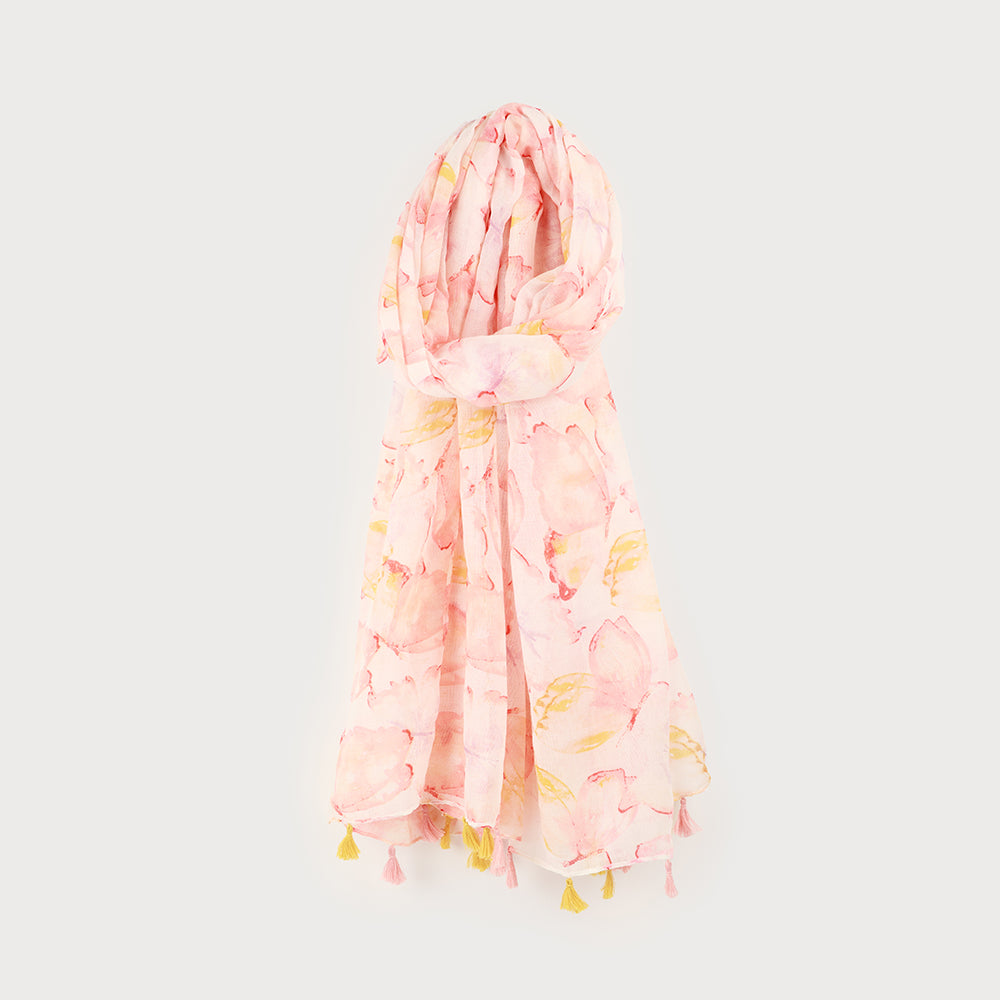 Foulard léger imprimé bouquet floral avec pompoms