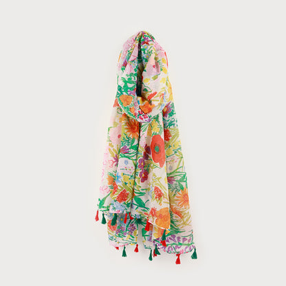 Foulard léger imprimé bouquet floral avec pompoms
