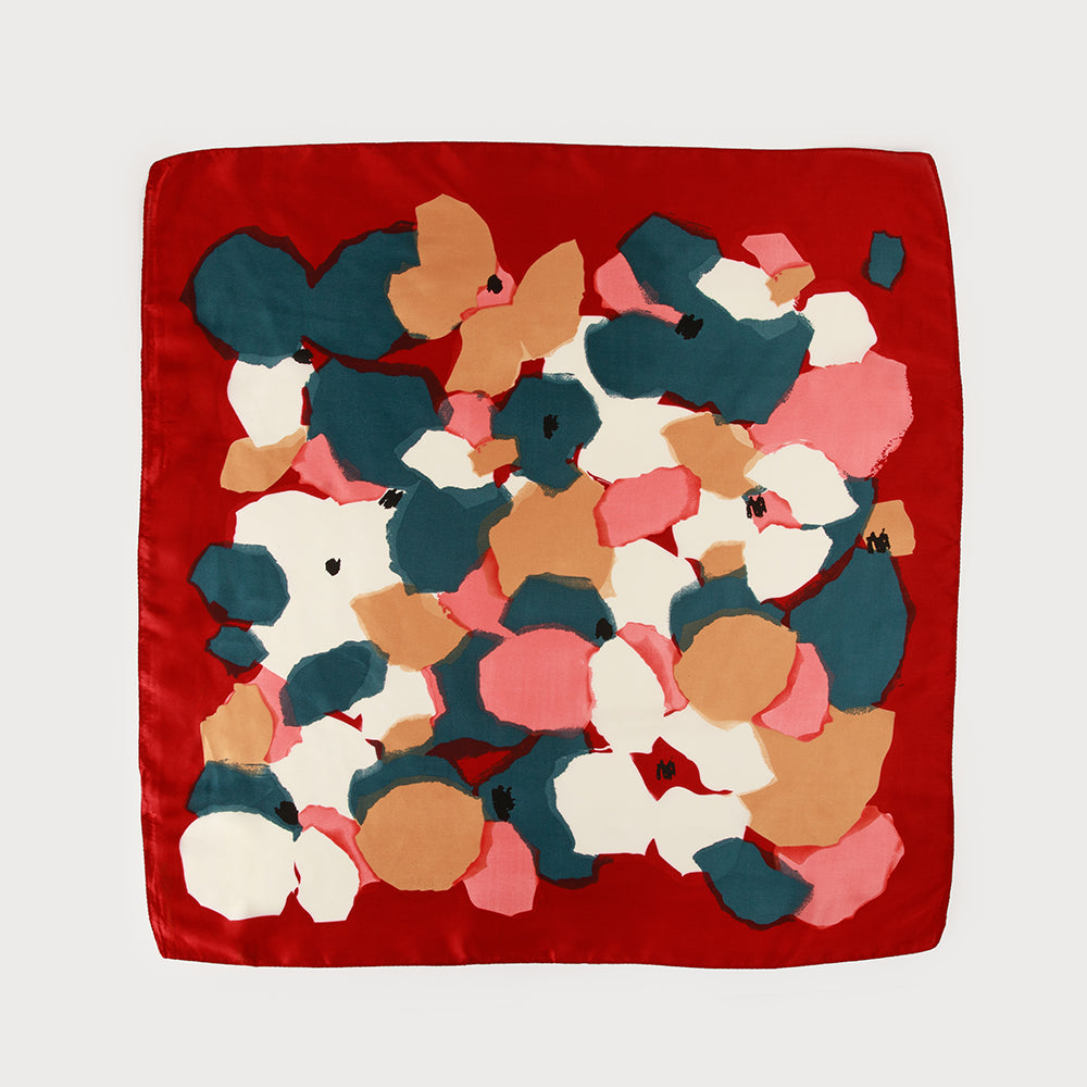 Petit foulard satiné carré motif floral abstrait