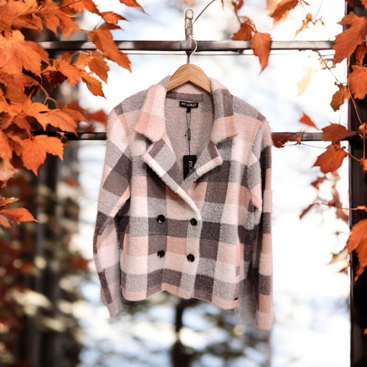 Manteau court à carreaux rose et taupe