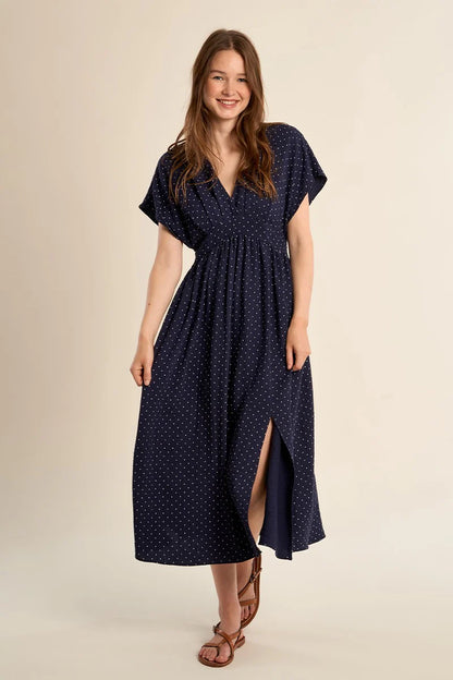 Robe longue marine à pois