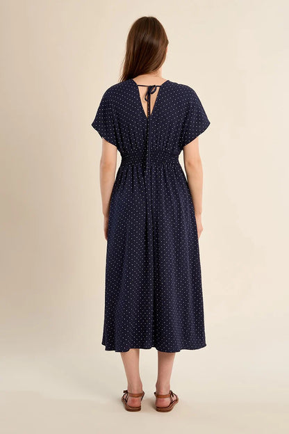 Robe longue marine à pois