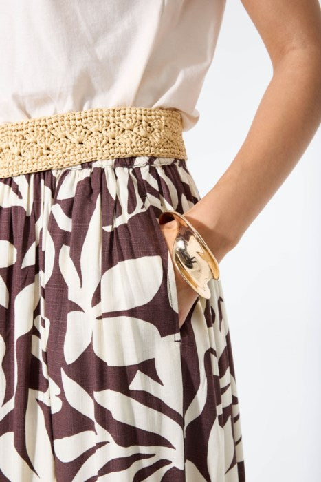 Jupe midi brun à imprimé feuillage taille haute fluide