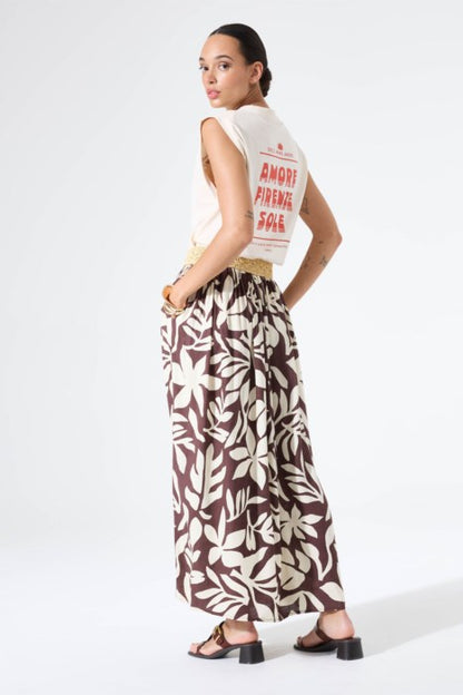 Jupe midi brun à imprimé feuillage taille haute fluide