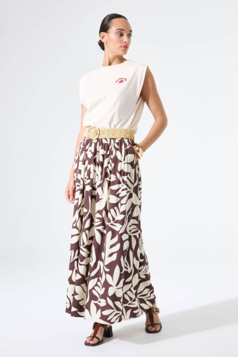 Jupe midi brun à imprimé feuillage taille haute fluide