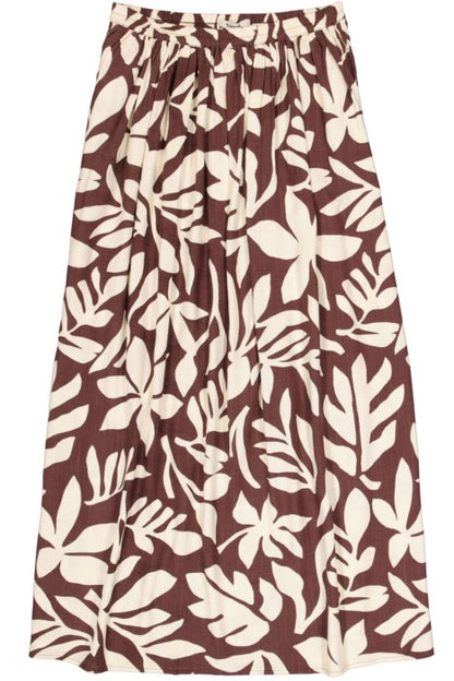 Jupe midi brun à imprimé feuillage taille haute fluide