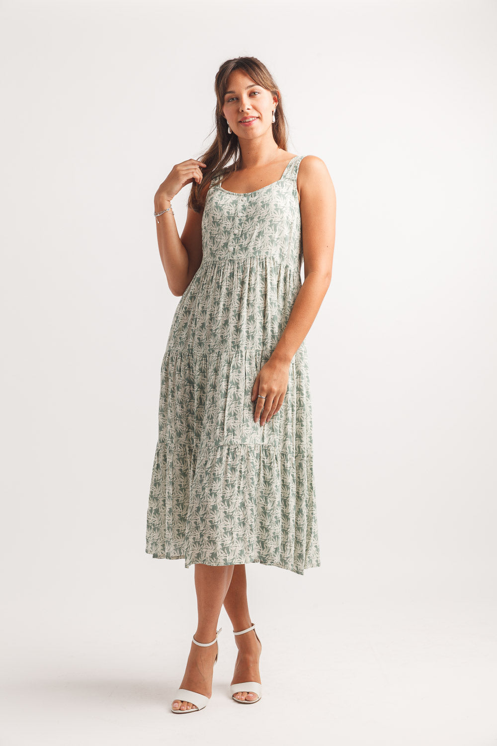 Robe midi sans manches à imprimé feuillage