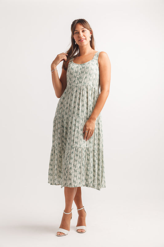 Robe midi sans manches à imprimé feuillage