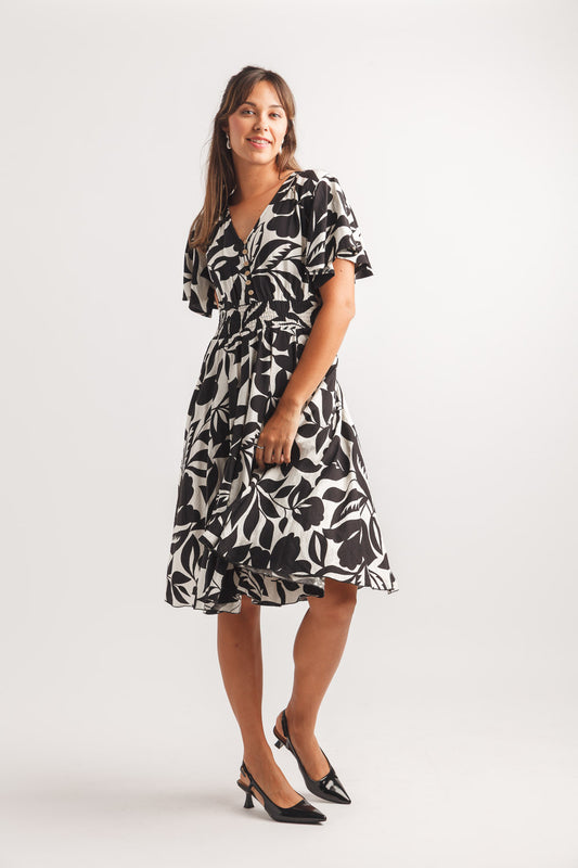 Robe florale noir et blanc à taille cintrée élastique