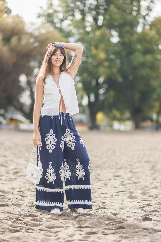 Pantalon large imprimé ikat avec taille élastique et poches
