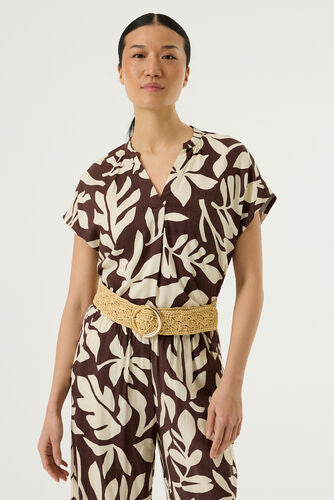 Top brun à imprimé feuillage coupe fluide en viscose