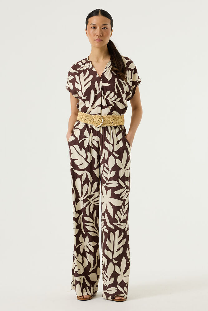 Top brun à imprimé feuillage coupe fluide en viscose