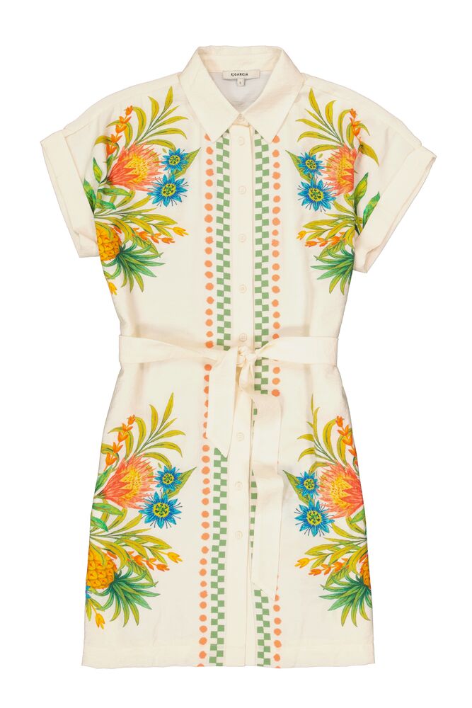 Robe chemise blanche à imprimé tropical et ceinture